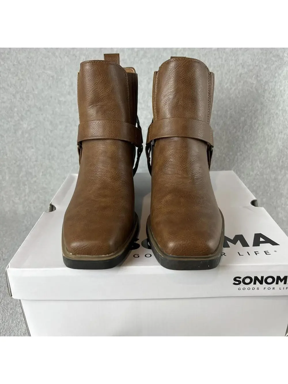 Sonoma Western Ankle Boots Womens Size 6.5 Block Heel Brown Faux Leather New